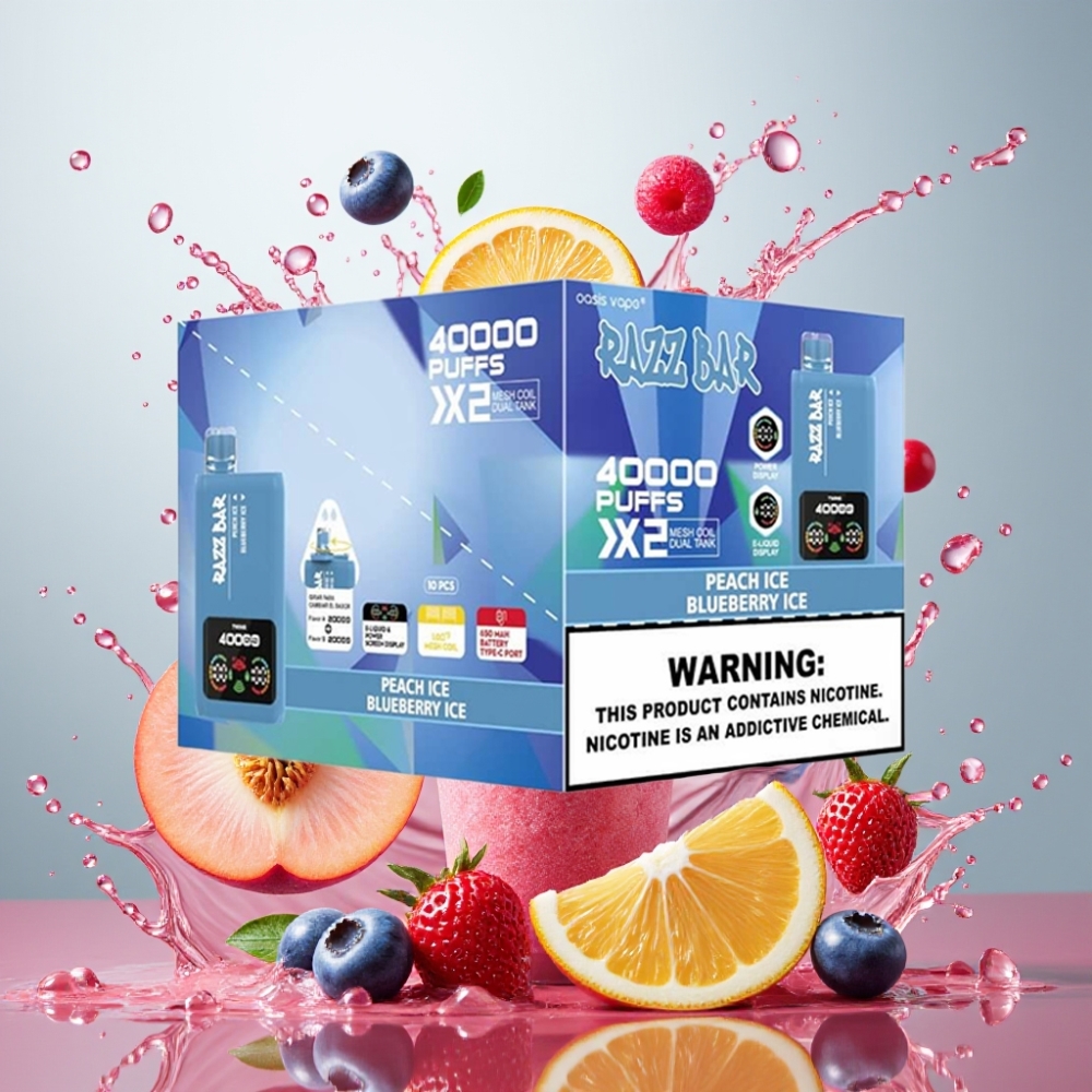 Razz Bar 40000 Puffs Nagykereskedés Magyarország 1.0Ω 2 Mesh Coil Őszibarack Jég & Áfonya Jég